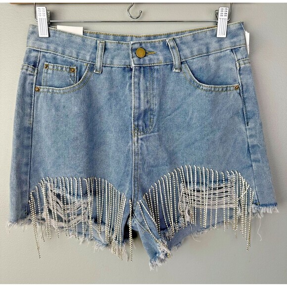 Nwt Miss Big Lili Shop Rhinestone Fringe Jean Shorts Womens Large - Picture 1 of 5